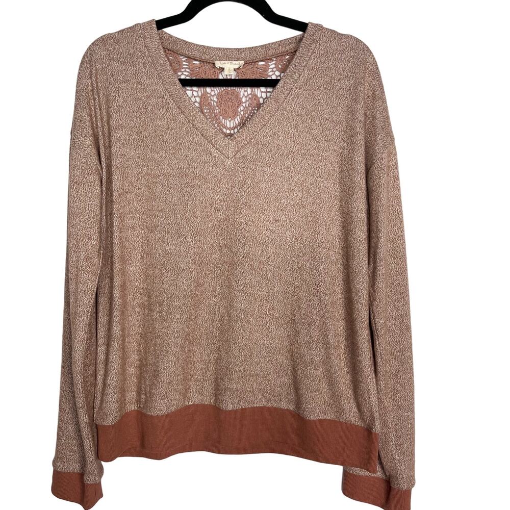 New Hem & Thread L Orange Rust Heather Lace Inset Back VNeck Pullover Sweatshirt